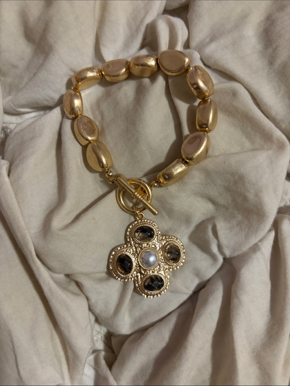 Free People Gold Tone Cross Pendant Toggle Bracelet Boho Chic